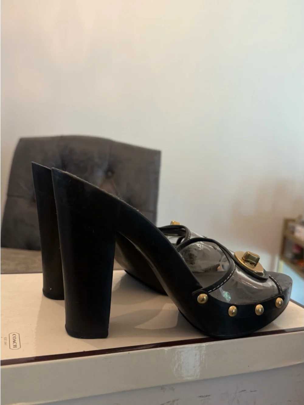 Coach Black Heeled Sandals with Clear Strap and Gold Hardware - Picture 4 of 4